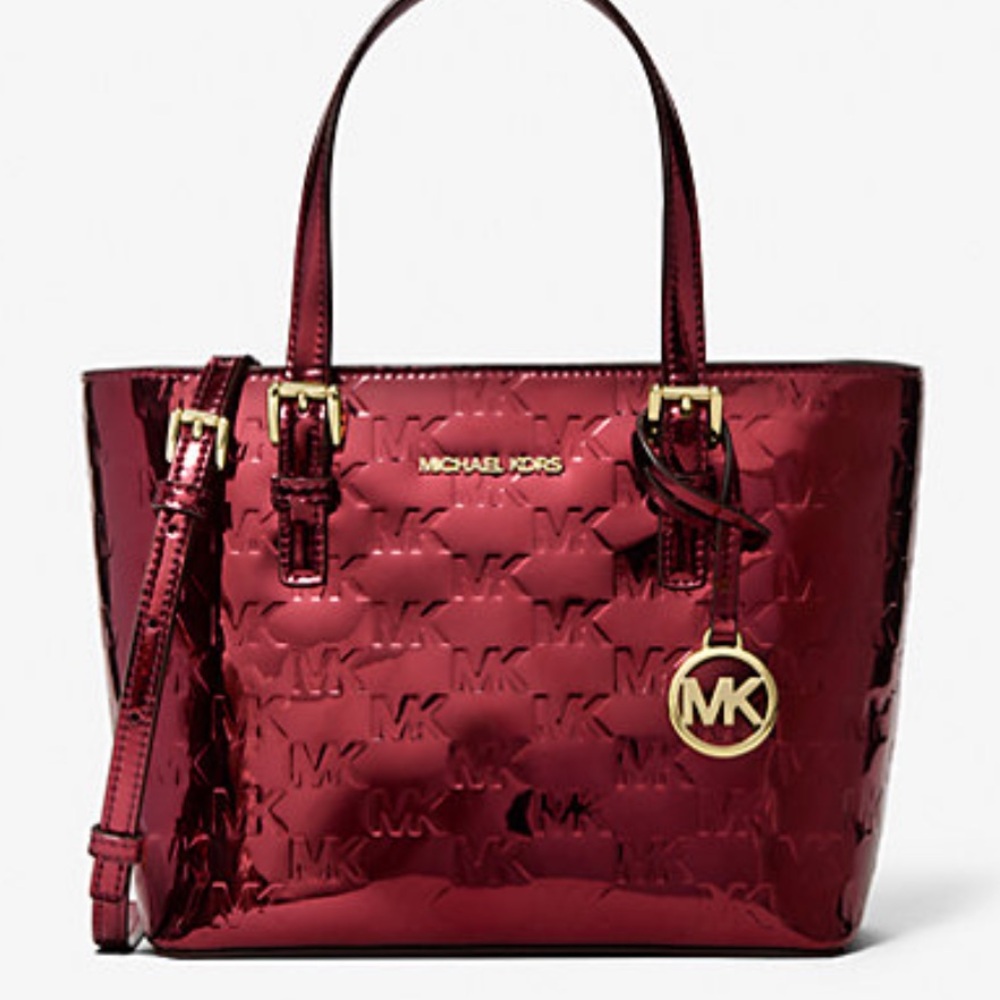 MICHAEL KORS Jet Set Extra-Small Metallic Logo Debossed Convertible TZ Tote Cher - Picture 3 of 16